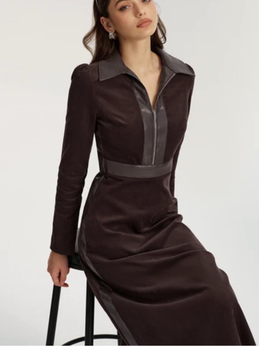 Commense Faux Leather Panel Corduroy Midi Dress Dark Academia Brown Large
